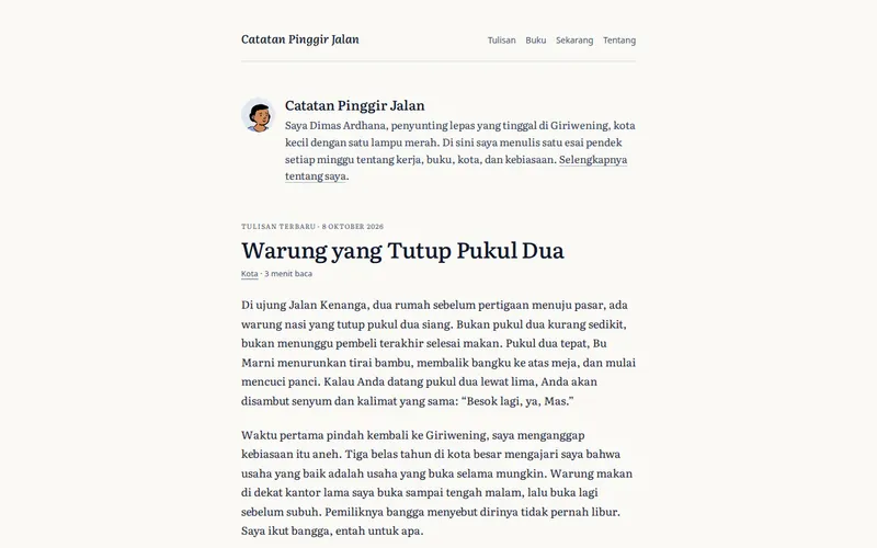 Tampilan halaman awal Catatan Pinggir Jalan