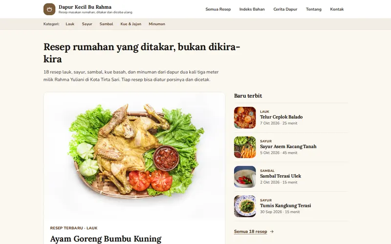Tampilan halaman awal Dapur Kecil Bu Rahma