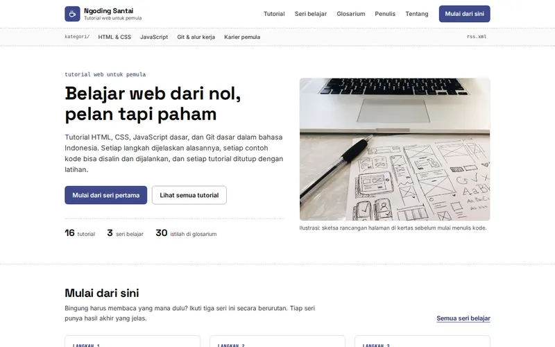 Tampilan halaman awal Ngoding Santai