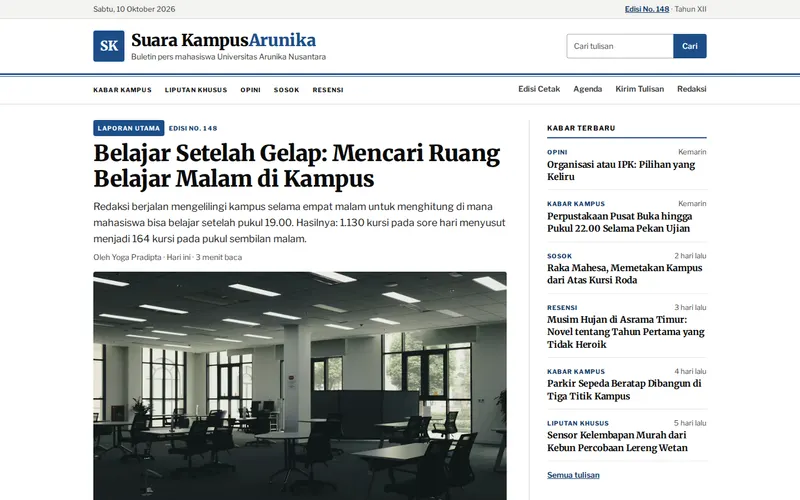 Tampilan halaman awal Suara Kampus Arunika