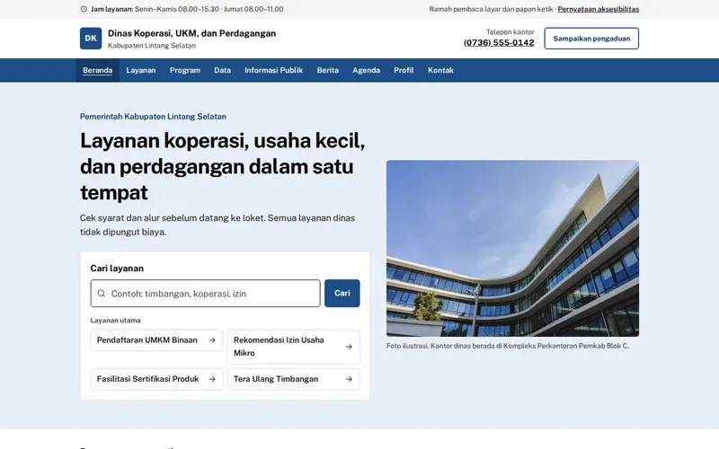 Tampilan halaman awal Dinas Koperasi, UKM & Perdagangan