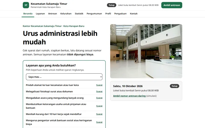 Tampilan halaman awal Kecamatan Sukamaju Timur