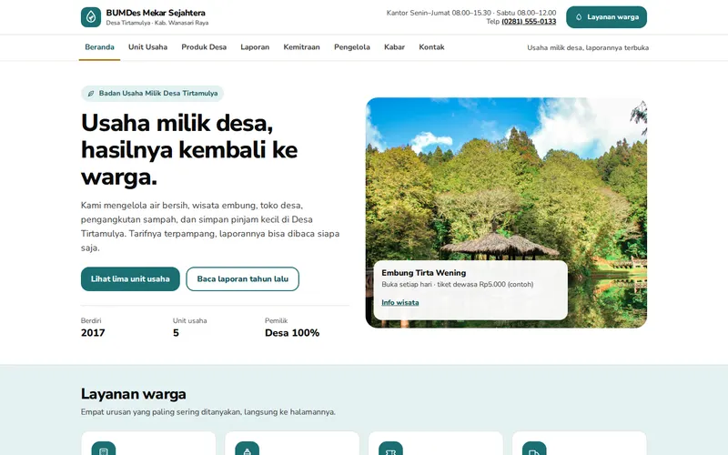 Tampilan halaman awal BUMDes Mekar Sejahtera