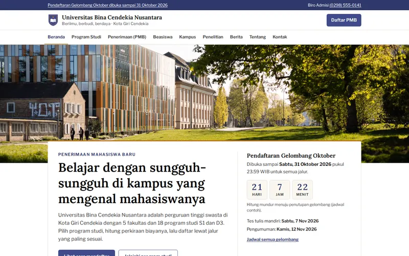Tampilan halaman awal Universitas Bina Cendekia Nusantara