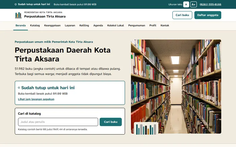 Tampilan halaman awal Perpustakaan Daerah Tirta Aksara