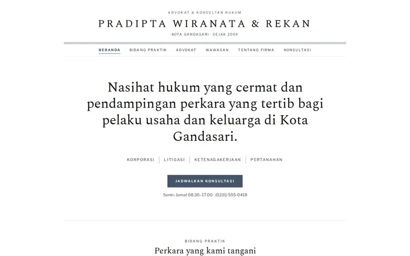 Tampilan halaman awal Pradipta Wiranata & Rekan