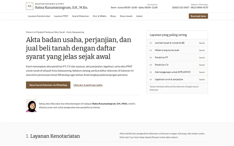 Tampilan halaman awal Notaris & PPAT Ratna Kusumaningrum