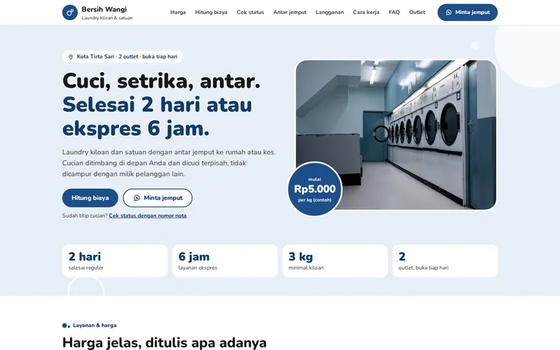 Tampilan halaman awal Bersih Wangi Laundry