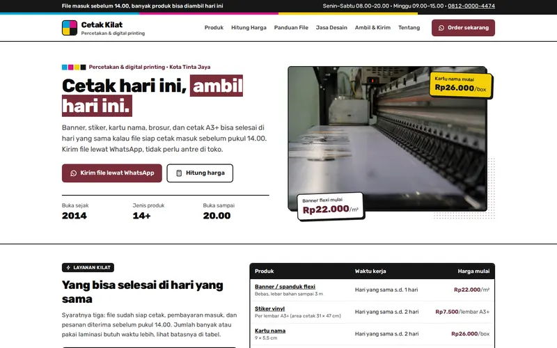 Tampilan halaman awal Cetak Kilat Digital Printing