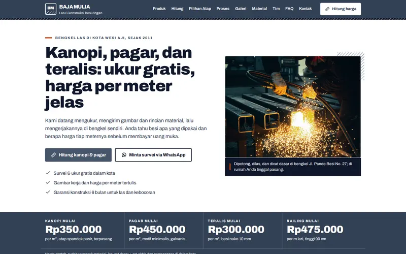 Tampilan halaman awal Bengkel Las Baja Mulia
