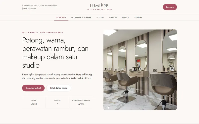 Tampilan halaman awal Lumière Hair & Makeup