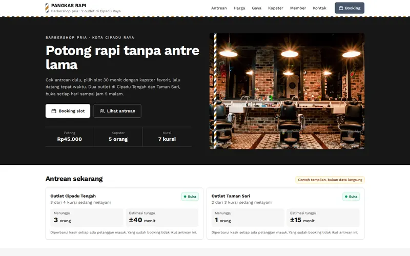 Tampilan halaman awal Pangkas Rapi Barbershop