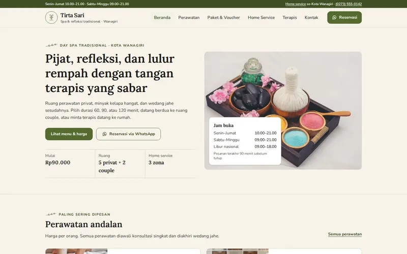Tampilan halaman awal Tirta Sari Spa & Refleksi