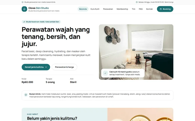 Tampilan halaman awal Glowa Skin Studio