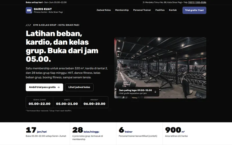 Tampilan halaman awal Garis Kuat Fitness Center