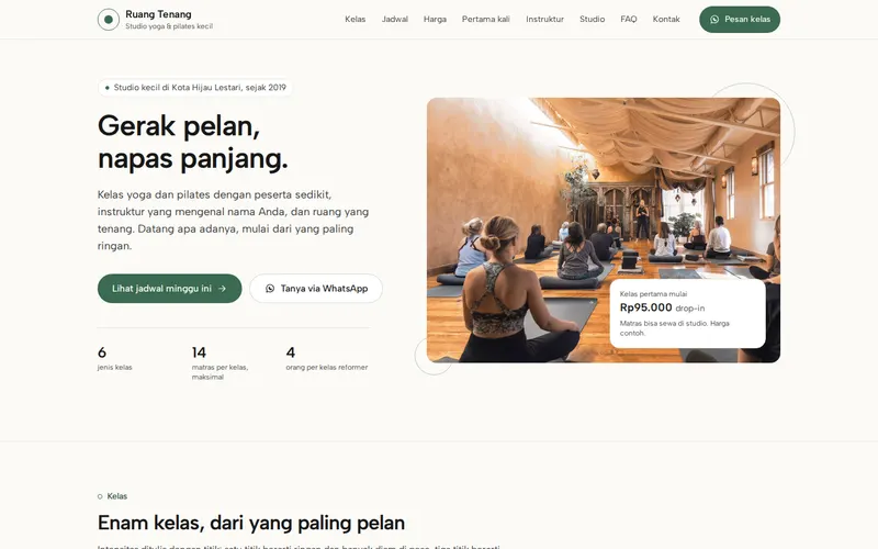 Tampilan halaman awal Ruang Tenang Yoga & Pilates