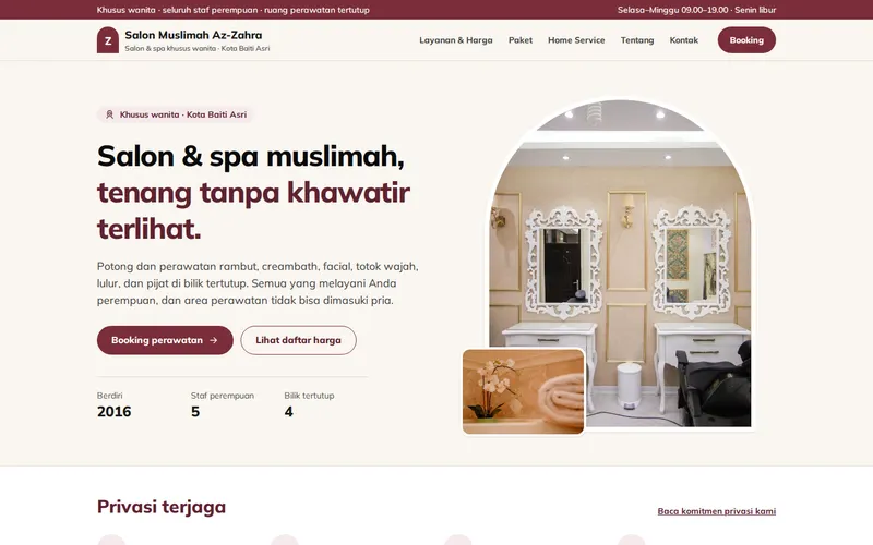 Tampilan halaman awal Salon Muslimah Az-Zahra