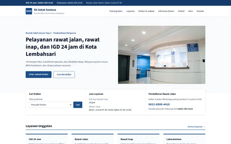 Tampilan halaman awal RS Sehat Sentosa