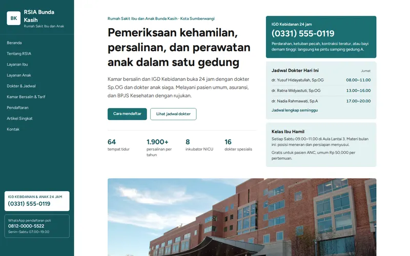 Tampilan halaman awal RSIA Bunda Kasih