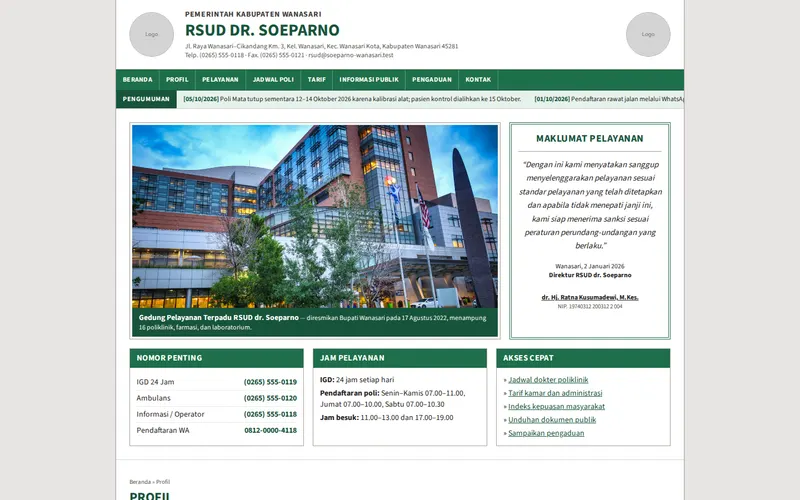 Tampilan halaman awal RSUD dr. Soeparno Wanasari