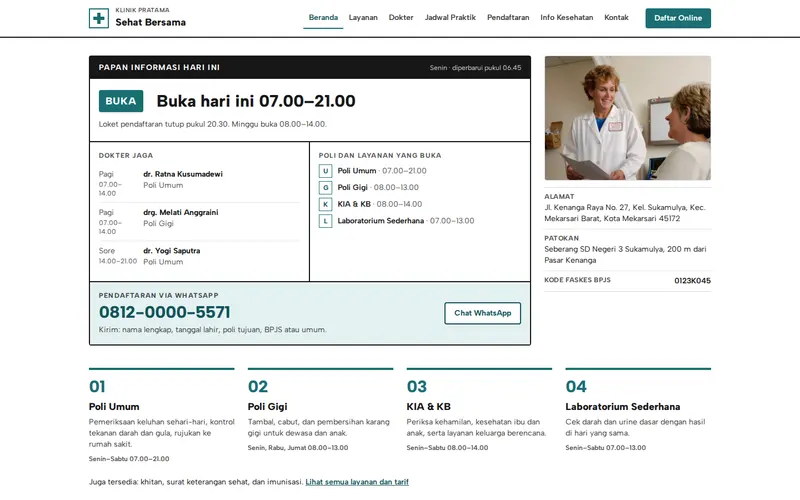 Tampilan halaman awal Klinik Pratama Sehat Bersama