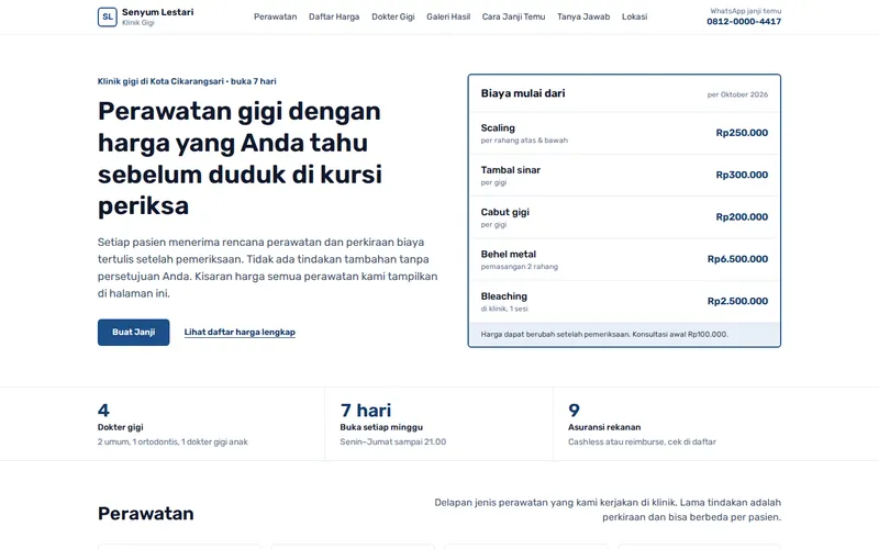 Tampilan halaman awal Klinik Gigi Senyum Lestari