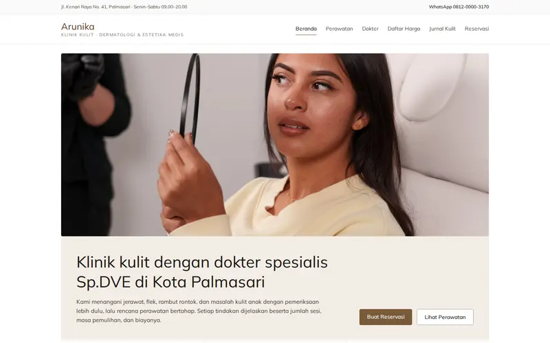Tampilan halaman awal Klinik Kulit Arunika