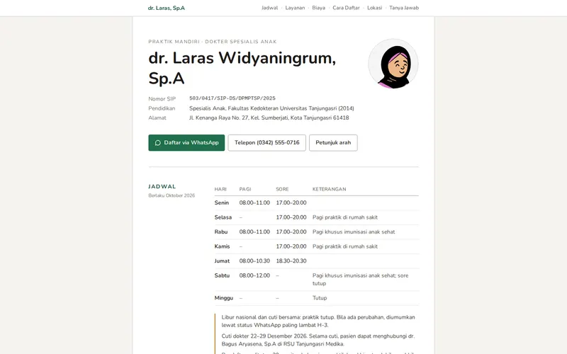 Tampilan halaman awal Praktik dr. Laras Widyaningrum, Sp.A