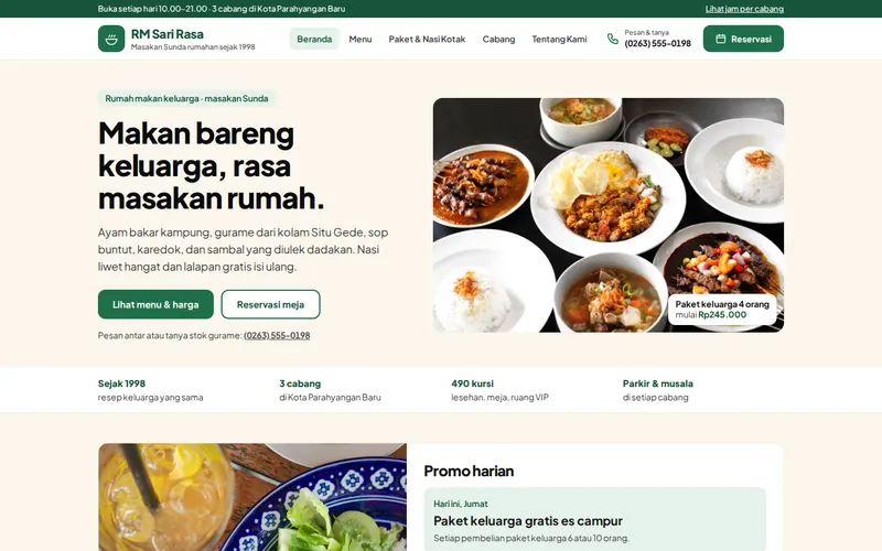 Tampilan halaman awal Rumah Makan Sari Rasa