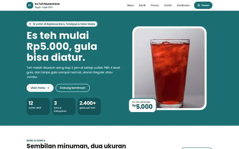 Tampilan halaman awal Es Teh Nusantara Segar
