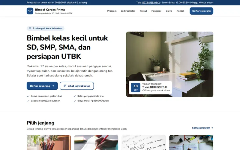 Tampilan halaman awal Bimbel Cerdas Prima