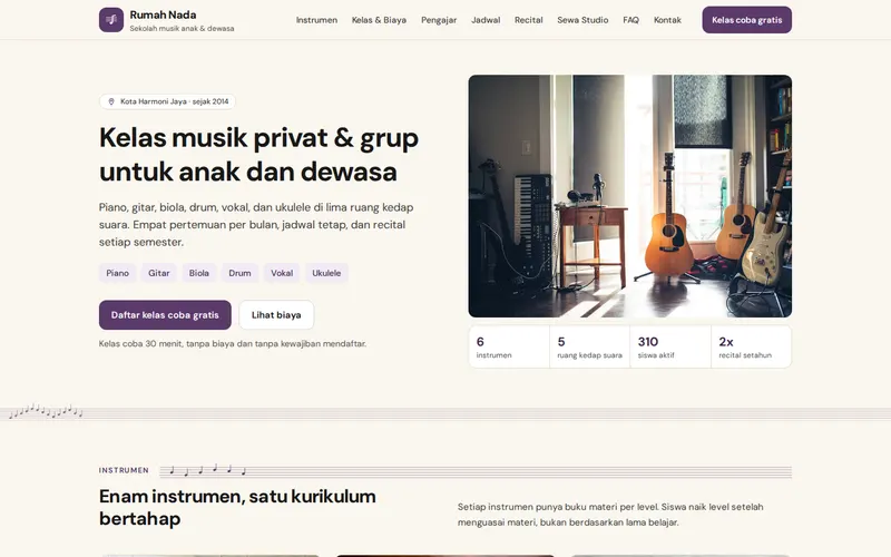Tampilan halaman awal Rumah Nada Music School