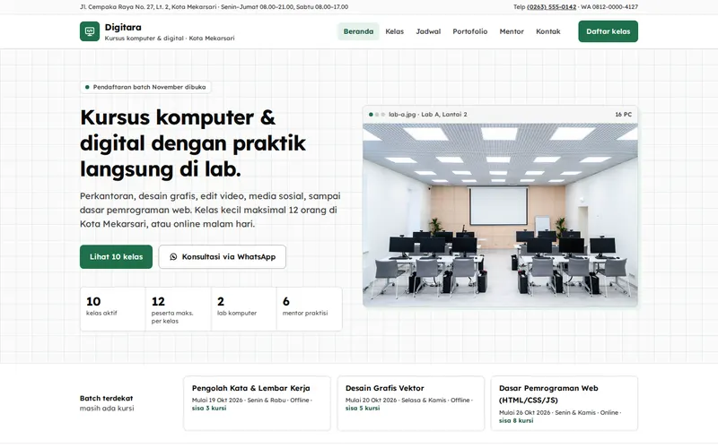 Tampilan halaman awal Digitara Kursus Komputer & Digital