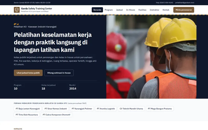 Tampilan halaman awal Garda Safety Training Center