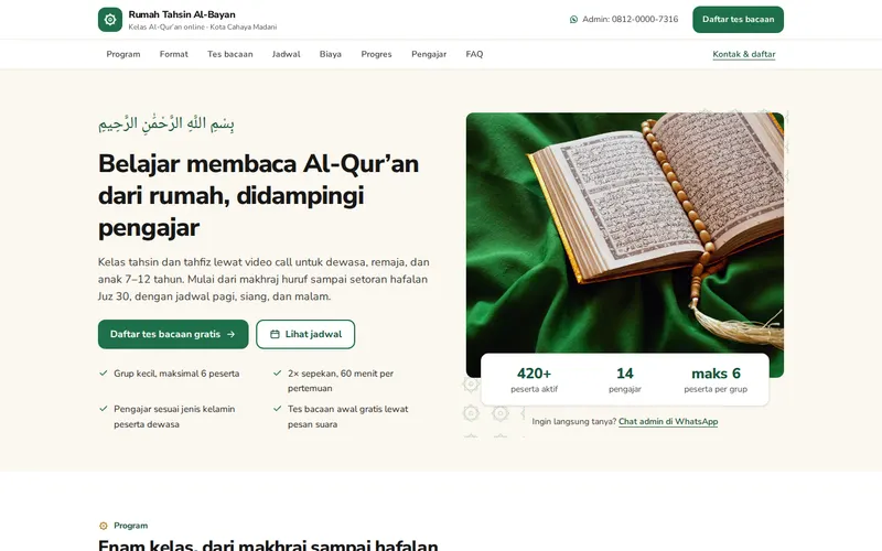 Tampilan halaman awal Rumah Tahsin Al-Bayan