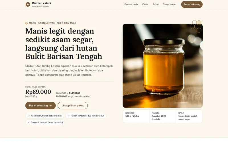 Tampilan halaman awal Madu Hutan Rimba Lestari