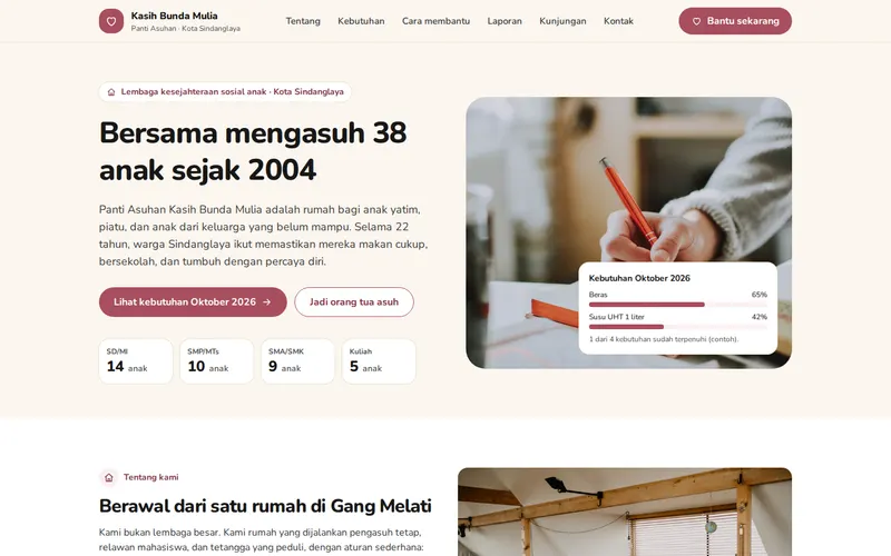 Tampilan halaman awal Panti Asuhan Kasih Bunda Mulia