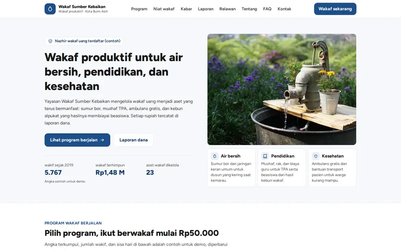Tampilan halaman awal Yayasan Wakaf Sumber Kebaikan