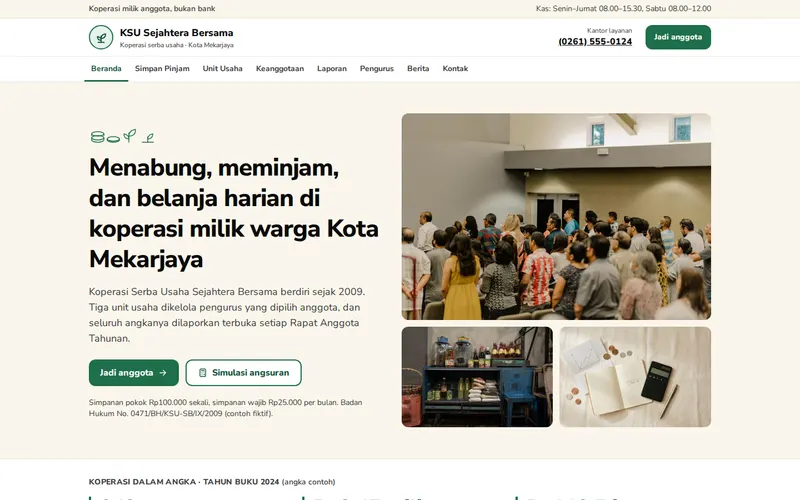 Tampilan halaman awal KSU Sejahtera Bersama