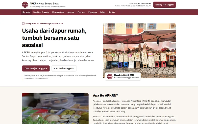 Tampilan halaman awal Asosiasi Kuliner Rumahan APKRN