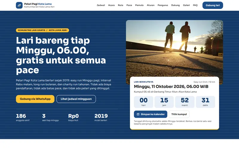 Tampilan halaman awal Pelari Pagi Kota Lama