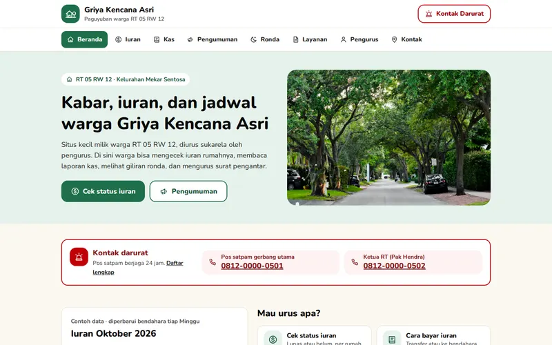Tampilan halaman awal Paguyuban Warga Griya Kencana Asri