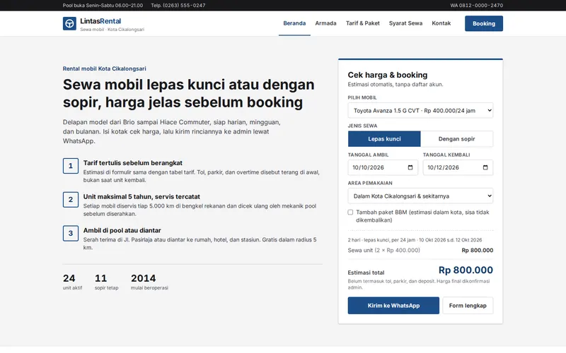 Tampilan halaman awal Lintas Rental