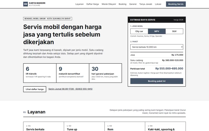 Tampilan halaman awal Karya Mandiri Autocare