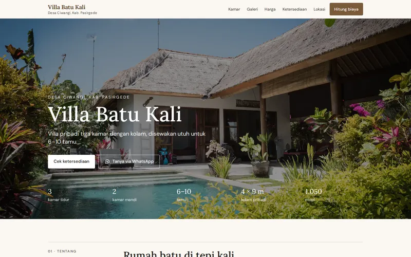 Tampilan halaman awal Villa Batu Kali
