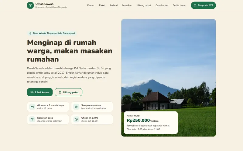 Tampilan halaman awal Homestay Omah Sawah