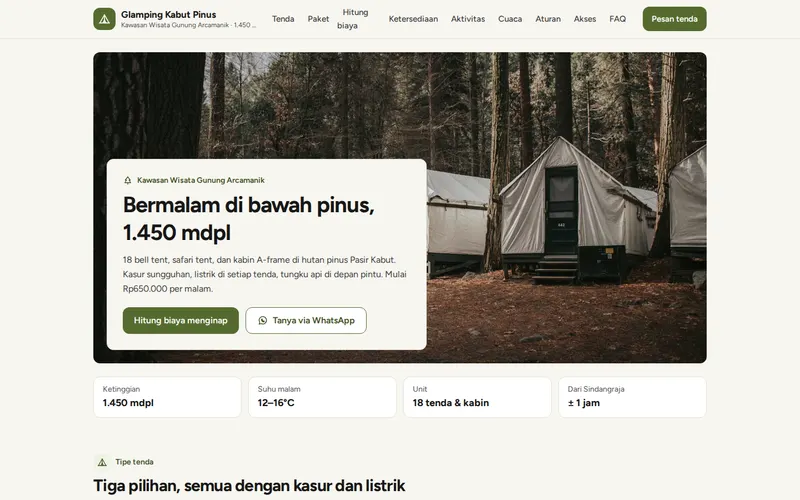 Tampilan halaman awal Glamping Kabut Pinus
