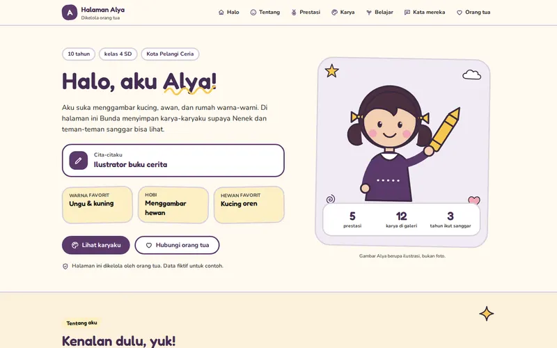 Tampilan halaman awal Halo, aku Alya!