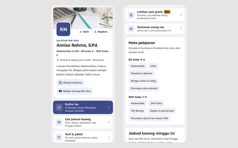 Tampilan halaman awal Les Privat Kak Nisa