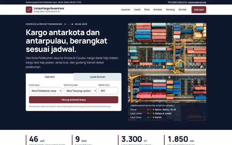 Tampilan halaman awal Lintas Kargo Nusantara